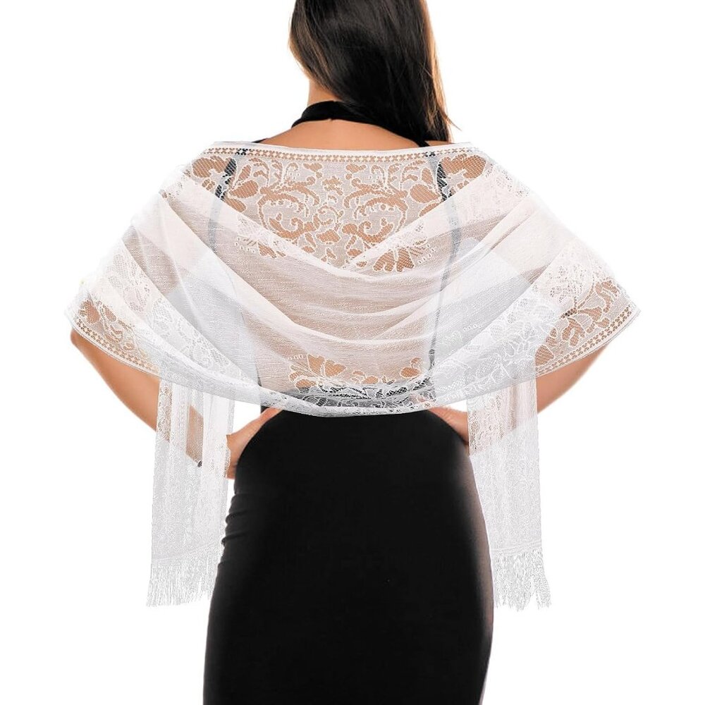 Women White Floral Lace Scarf Shawl wif Tassel Mesh Wedding Party  Evening Dress